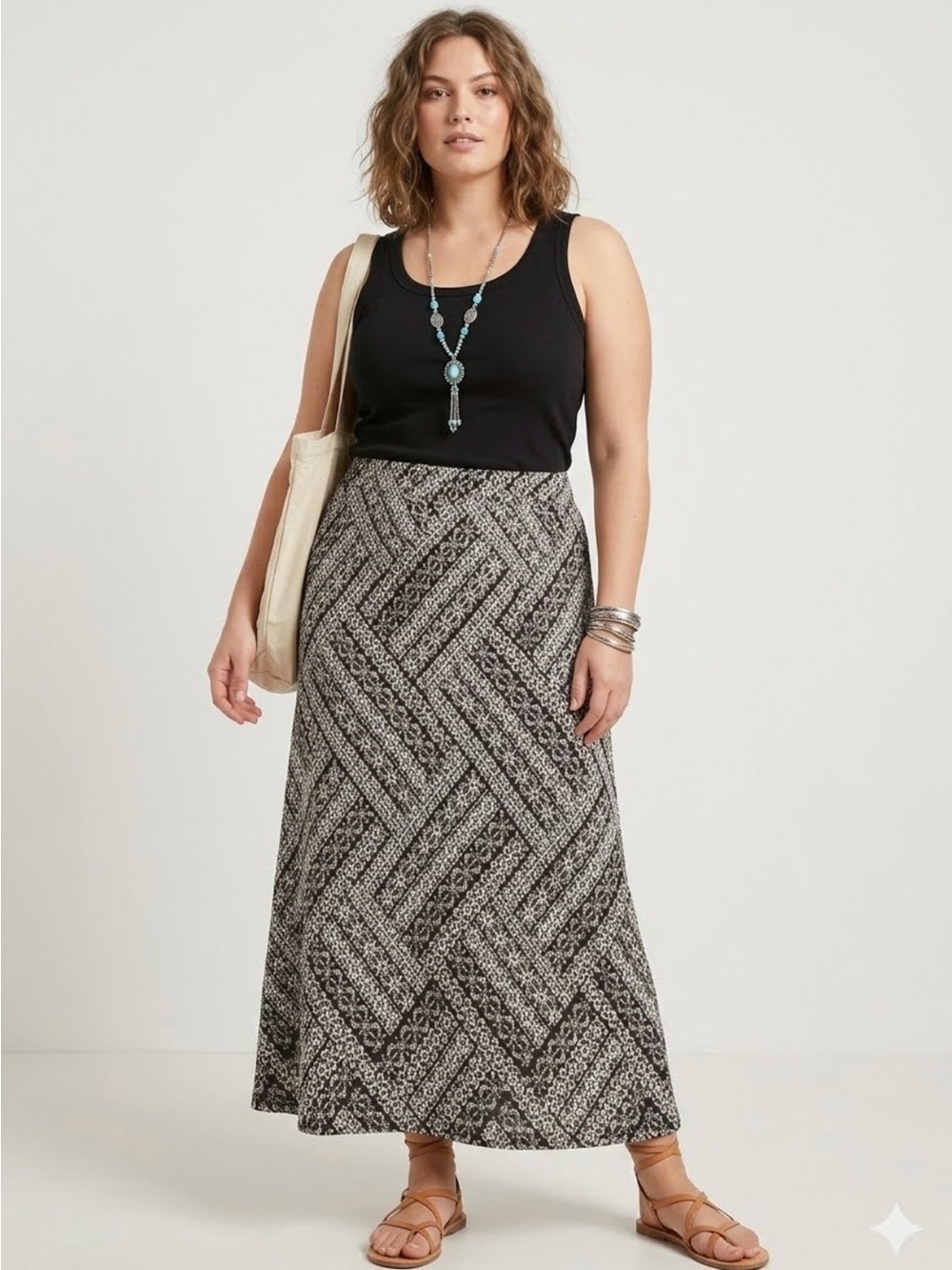 Westport Geo Knit Maxi Skirt Black White Basketweave Boho 1XL